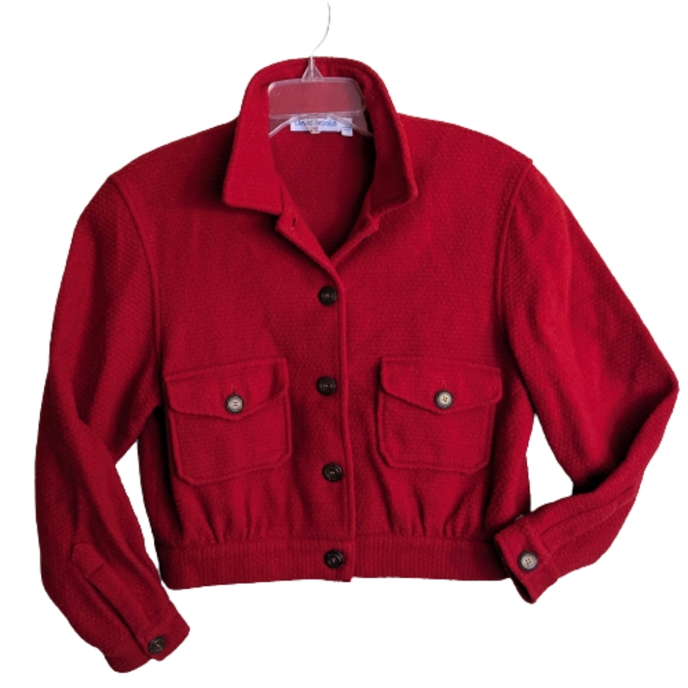 Vintage David Brooks Red Wool Cropped Bomber Jacket Button Up Pockets